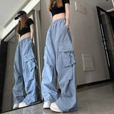 Toloer Speed Dry Cargo Pants Female Stereo Pocket High Waist Straight Tube Wide Leg Ribbon Loose Casual Floor