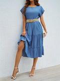 Fashion Casual Pure Color Simple Round Neck Short Sleeve Long Dress Woman Without