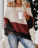 Toloer And Winter Women's One Word Collar Loose Splicing Color Knit Jumper Sweater