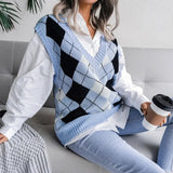 Style Casual Vest Sweater Autumn Winter V-neck Loose Argyle Fashion Knit Tops Vest Women Loose Vintage Sweaters