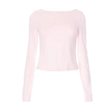 Pink Backless Bow Long Sleeve Top-Outfit