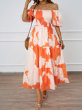 Elegant Printing Shoulder Bubble Sleeve Fashion Dress In