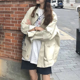 Aachoae Korean Style Loose Cargo Jacket Women Streetwear Batwing Long Sleeve Pockets Coat Vintage Autumn Winter Casual