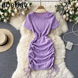 Drawstring Ruched Dress Women O Neck Short Sleeve Slim Dresses Summer Sexy Bodycon Party Short