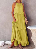 Women Solid Long Dresses Summer Casual Loose Sleeveless Hollow Tie-Up Dress Female Beach Party Ruffle Maxi Dresses Elegant