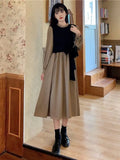 Long Sleeve Dress Women Elegant Fake Two Pieces Patchwork Puff Sleeve 2023 Spring Korean Fashion Female