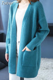 New Solid Knit Cardigan Long Sleeve Sweater Women Open Stitch Casual Pocket 2023 Loose Medium-long Cardigans Mujer