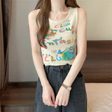 New Retro Small Vest Women Wear Chic Print Slime Sleeveless Knitting