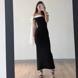 Black Ribbon Off-shoulder Maxi Dress-Outfit