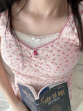 Sweet Cute Lace Trim Floral T Shirt Sexy Slim Patchwork Square Collar Short Sleeve Tees Women 2024 Summer Fashion Ladies-Outfit