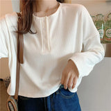 Sleeve T-shirts Women Elegant Simple Pure Button Design Retro Ins Autumn Ladies Tees Top All-match BF Style Mujer Clothes-Outfit