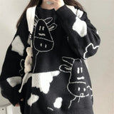 Christmas Cow Sweater Women Clothing Loose Knitted Kawaii Clothes Harajuku Cropped Jumper Tops Korean Fashion Long Sleeve