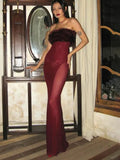 Strapless Red Feather Mesh Maxi Dress-Outfit