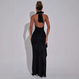 Summer New Fashion Temperament Pure Color Fine Sexy Big Side Open Side Open Shoulder Hanging Neck Dress