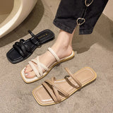 Toloer Wind Sandals Female 2024 Summer New Two Wear Thin Belt Low Heel Square Head One Word Belt With A Skirt Roman Sandals-Outfit