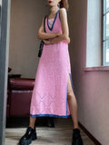 Fashion Pink Knit Hollow Out Dress Summer New Women Sexy Sleeveless V-Neck Long Knitting
