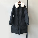 Faux rabbit fur collar women's winter down jacket long drawstring slim zipper ladies chic coat loose oversize outwear