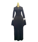 Fashion Temperament Plain Knitted Pit Long Sleeve Feathers Collar Long Dress Female