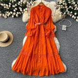 Court Retro Elegant Dress Women's Collar Horn Sleeves To Close Single Buckle Lace Splicing Large Swing