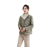 Autumn And Winter New Fashion Standing Collar Down Jacket Female Short Money Pressure Glue White Duck Velvet Light Warm Coat To Wear Both Sides-Outfit