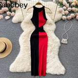 Summer Knitting Dress Women Patwork Casual Body-con Dress Pullovers Simple Step Maxi Long