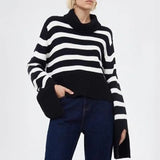 2021 Women Turtleneck Knitted Striped Sweater Autumn Winter New Clothes Ladies Korean Casual Loose Split Pullover Top