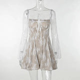 White Square Neck Lace Mesh Long Sleeve Mini Dress-Outfit