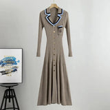 Knitted Ruffles Long Dress Women Solid Full Sleeve V Neck Slim Fit High Waist Sweaters A Line Dresses Autumn Winter-Outfit
