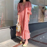 Neck Long Sleeve Pleated Femme Long Dresses lace pink A Line Sexy Vacation Dress Ruffles Vestido