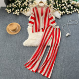 Women's Summer V-Neck Loose Knitted Cardigan Top + Broad Leg Trousers Set With Striped Hollow