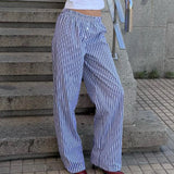 Womens Casual Cleanfit Striped Pants Elastic Low Waist Striped/Plaid Loose Aesthetic Trousers Streetwear with Pockets-Outfit