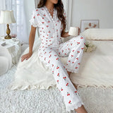 Gly Women's Pajamas Autumn And Winter Sexy V-Neck Lace Cherries Printed T-Shirts Trousers