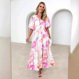 Women's Summer New Flower Print Bubble Sleeve A-Shaped Long Dress Temperament