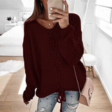 Toloer New Women Long Sleeves Loose V Neck Rope Exposed Back Jumper Knit Sweater Women's