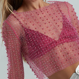 New Explosion Super Fairy Sexy Lace Jersey Bright Diamond Inside And Outside Wearing Mesh Long-Sleeved Top