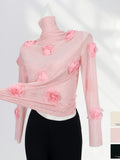 Toloer French Lace Undershirt Female Rose With Long-Sleeved T-Shirt Three-Dimensional Flower Mesh Advanced Sense