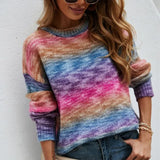 Rainbow Striped Knitwear Sweater Crew Neck Casual Women Pullovers Sweaters Female Long Sleeve Colourful Jumper Top Winter