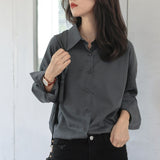 Retro Gray 2020 Spring Summer New Long Sleeve Notch Collar All-match Blouse Coat Women Loose Casual Fashion Solid Shirts