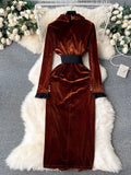 Retro Long-Sleeved Gold Velvet Dress Women's High-End Light Extravagant Suit Collar Waist Metal Button Medium Dress-Outfit