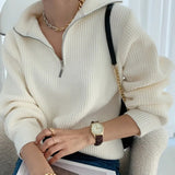 Winter Women's Turtleneck Sweater Pullover Women Zipper Turn Down Beige Knitted Oversize Jumper Loose Vintage Warm