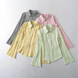 Trendy Women's Horn Long-Sleeved Forked Shirt Summer New Pure Lust Hot Girl Tight Waist Plaid Blouse-Outfit