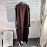 2025 New Cowboy Splicing Knitted Two-Piece Collar Dress Flower Nails Decorated Long Dress