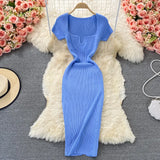 Thin Collar Knitted Dress Short Sleeve 2025 Summer New Temperament Sexy Hot Ass Long
