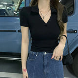Polo Shirt Short Sleeve Straight Shoulder T-shirt Women New Short Tees Spicy Girls Design Sense Small People Slim Tops-Outfit