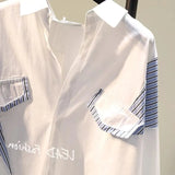Stripe Spliced White Shirt Women's Spring 2025 New Korean Version Of Loose Fake Two Shirt Women's Top