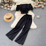Summer Green/Black/Red Two Piece Set Women Sexy Slash Neck Short Tops + High Waist Wide Leg Pants Female Suit