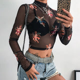 Toloer Sleeve Cupid Print T-Shirt Girl Autumn Burst Half High Collar Mesh Crop Street Top Girl-Outfit