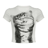 Wind Personality Cat Pattern Print Foundation Shoulder Short Sleeve T-Shirt Hottie Slimming Short