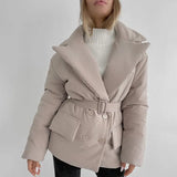Simple Pockets Parkas Women Fashion Double Breasted Coats Women Solid Tie Belt Notched Cotton Jackets
