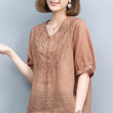 Clothing Cotton Hemp Women's 2023 New Short Sleeve T-shirt Summer V-Neck Graphic Fashion Elegant Loose Vintage Tops-Outfit